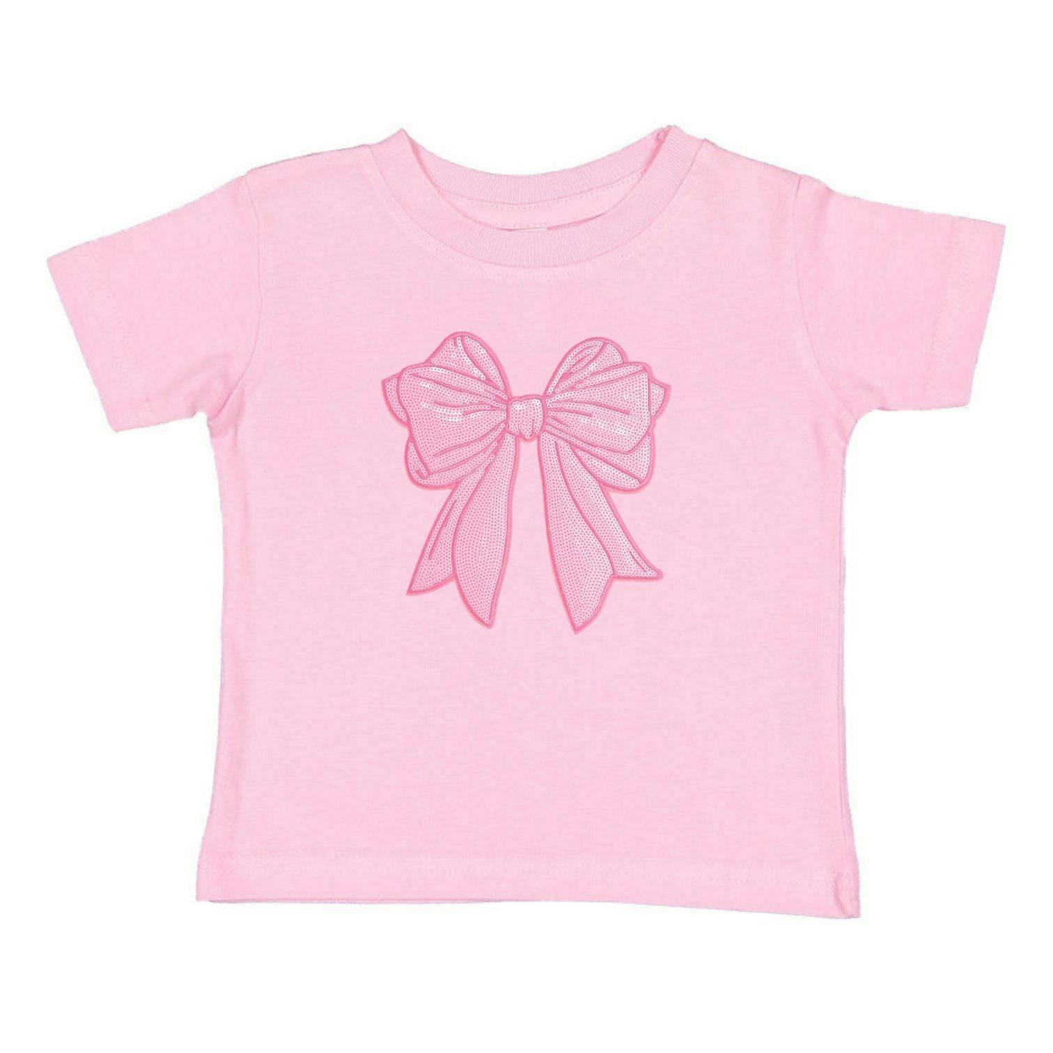 Pink Bow Sequin Patch Short Sleeve T-Shirt