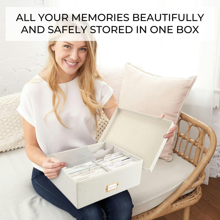Decorative Photo Storage Box - Sturdy Linen Photo Organizer with Dividers - Stores Up to 850 4x6 Photos - Portable Scrapbook Storage Container with Lid