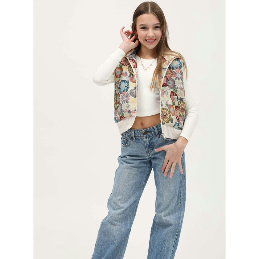 Tenly Tapestry Floral Puffer Vest Hoodie