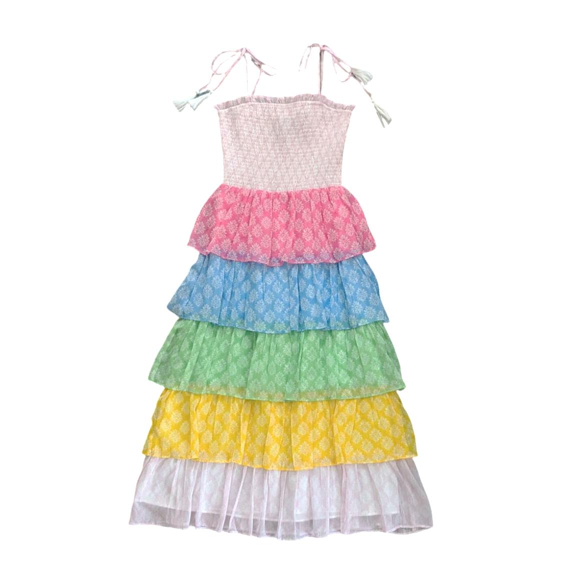 Women's Smock Bodice Tiered Dress in Block Print
