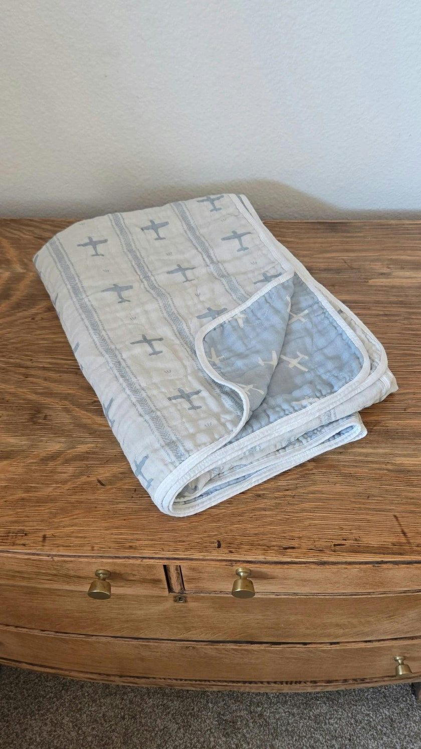 Big Kid Blanket 6 Layer Gauze QUILTED- Vintage Airplanes