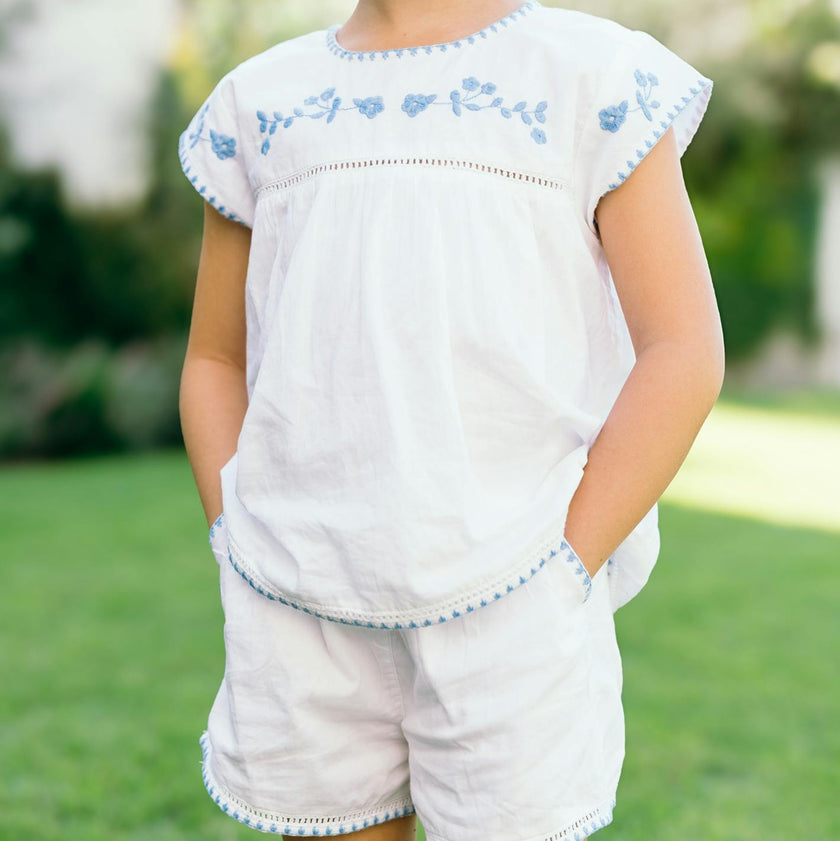 girls white embroidered cap sleeve top and short set