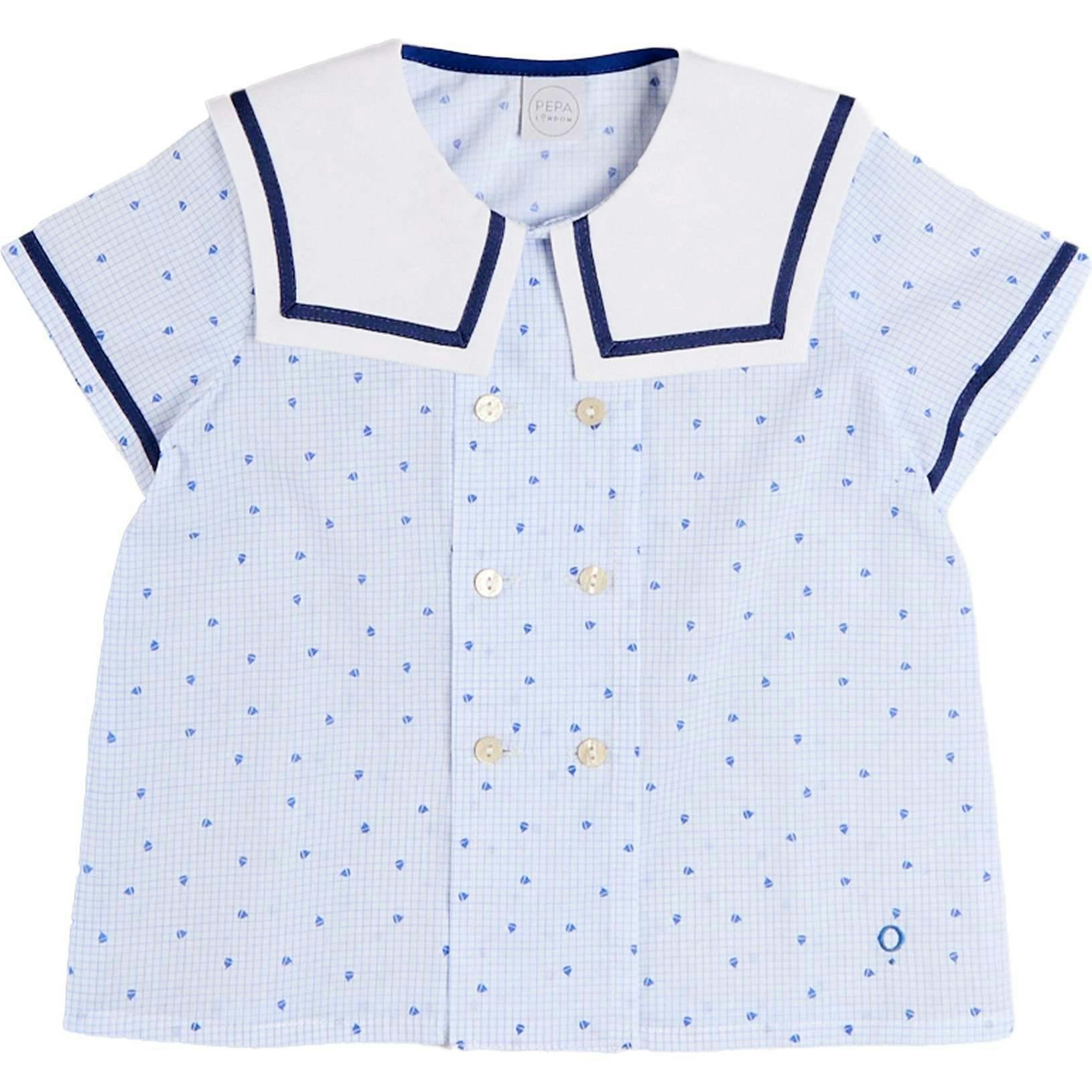 Noah Check Mariner Collar Double Breasted Shirt in Blue (18mths-6yrs)