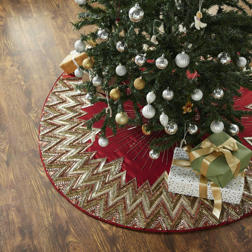 Hand Beaded Metallic Starburst Garnet Red Christmas Tree Skirt 60"