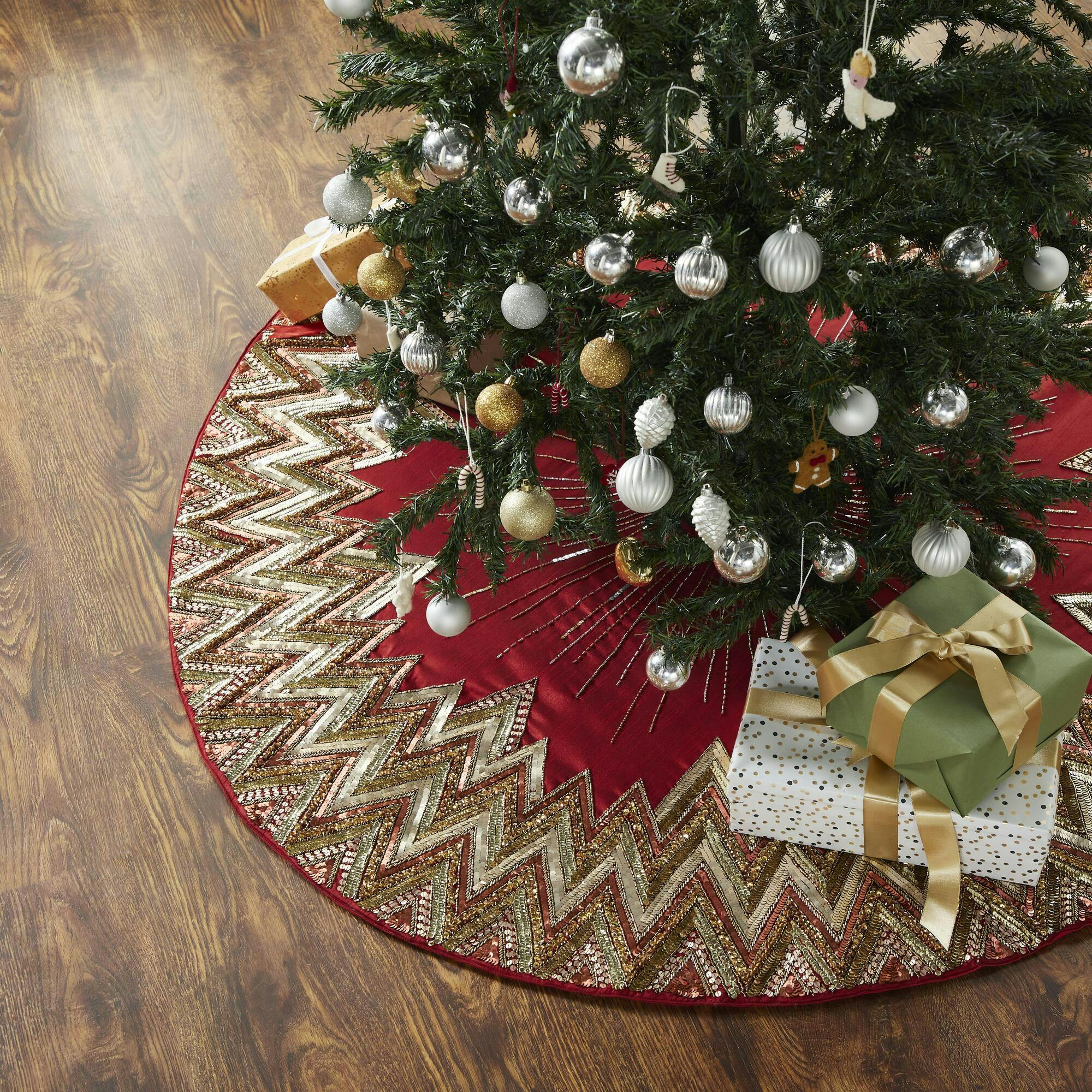 Handmade Christmas Tree Skirt - Hand Beaded Metallic Starburst on Garnet Red- 60