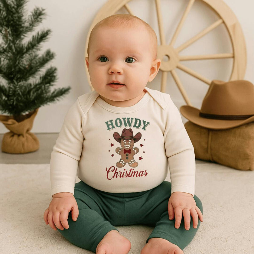 long sleeve graphic bodysuit | howdy gingerbread christmas