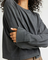 Womens Relaxed Crop Long Sleeve Tee - Pigment Dye Jersey - Stretch Limo