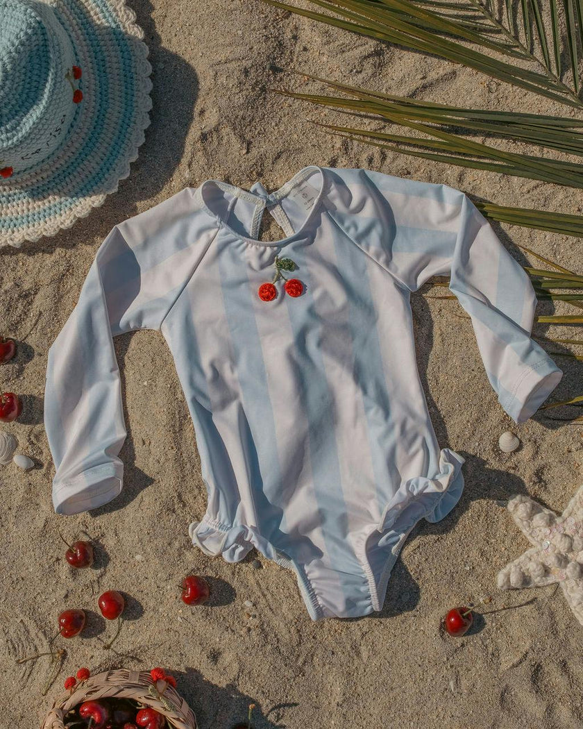 L/S Cherry Swimsuit in Blue Striple