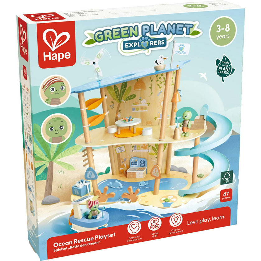 Hape: Ocean Rescue Playset - 47pc Wooden 2 Level Doll House w/ Slide