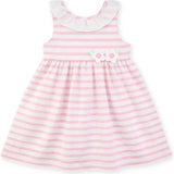 Pink Stripe Dress with Flower and Ruffle Neck