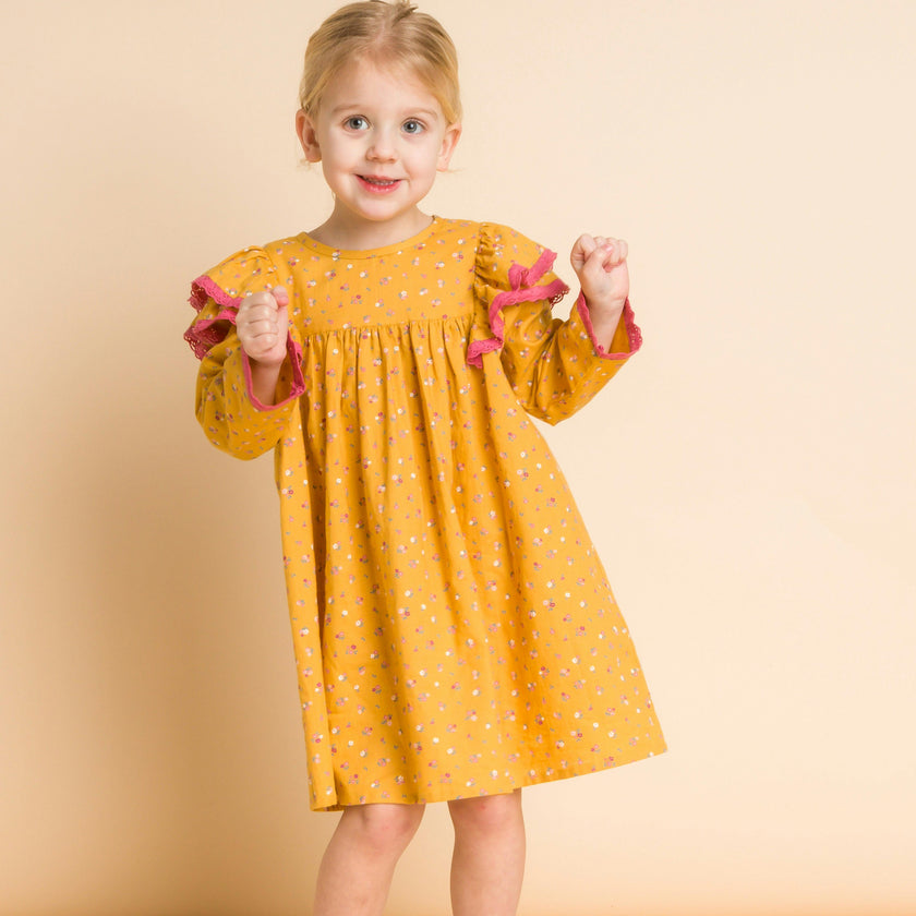Toddler Long Flutter Sleeves Dress with Lace Trim