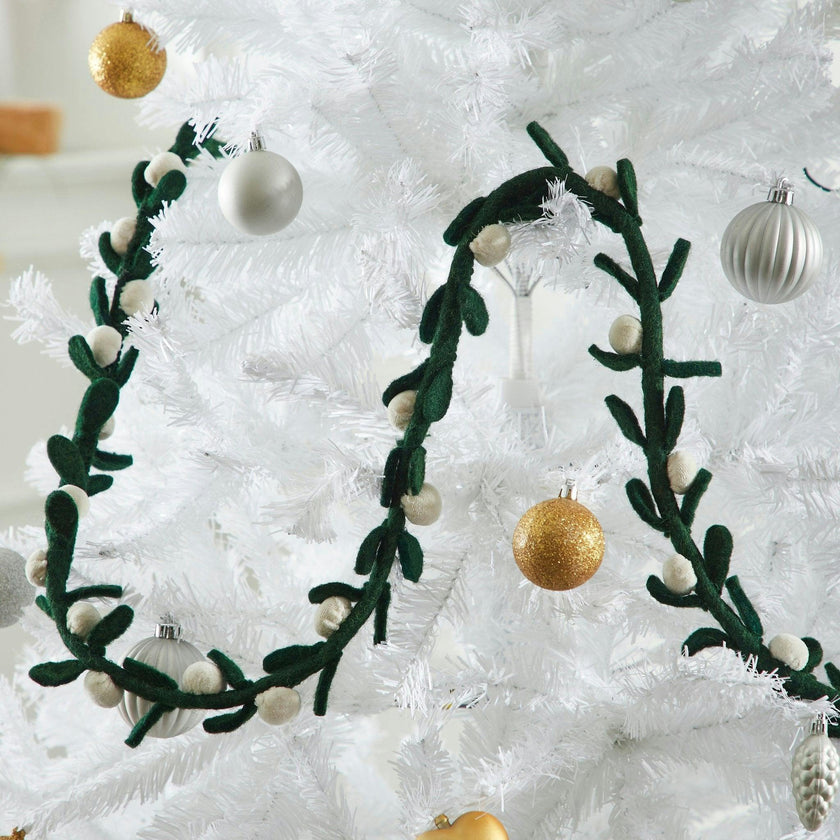 Handmade Christmas Garland and Bunting - Cream Velvet Balls and Felt Mistletoe - 6'