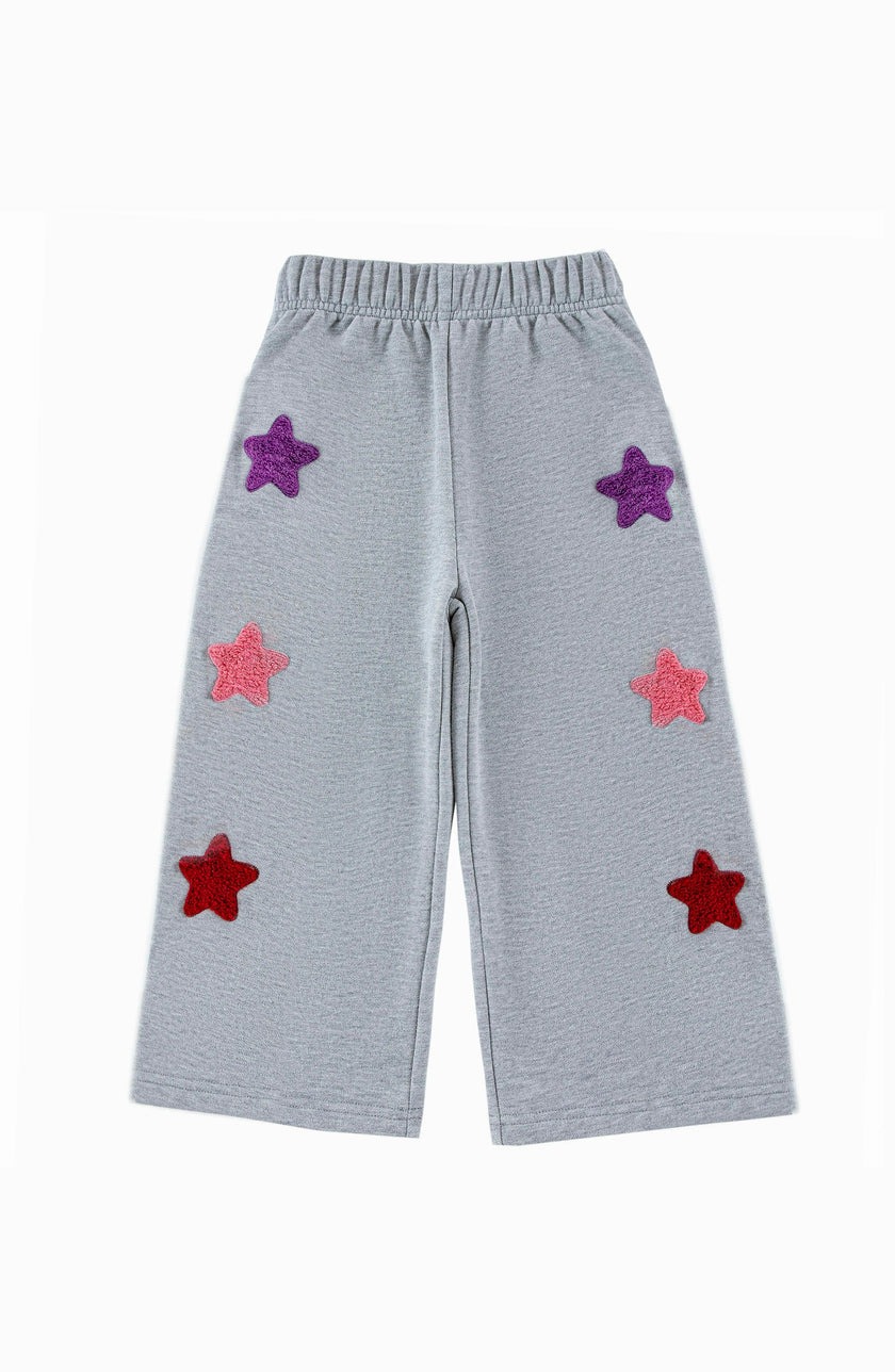 Brushed Fleece Wide Leg Pant with Stars  Patches, Gray
