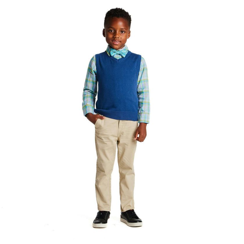 Boys 4-Piece Vest Set | Navy & Khaki Plaid