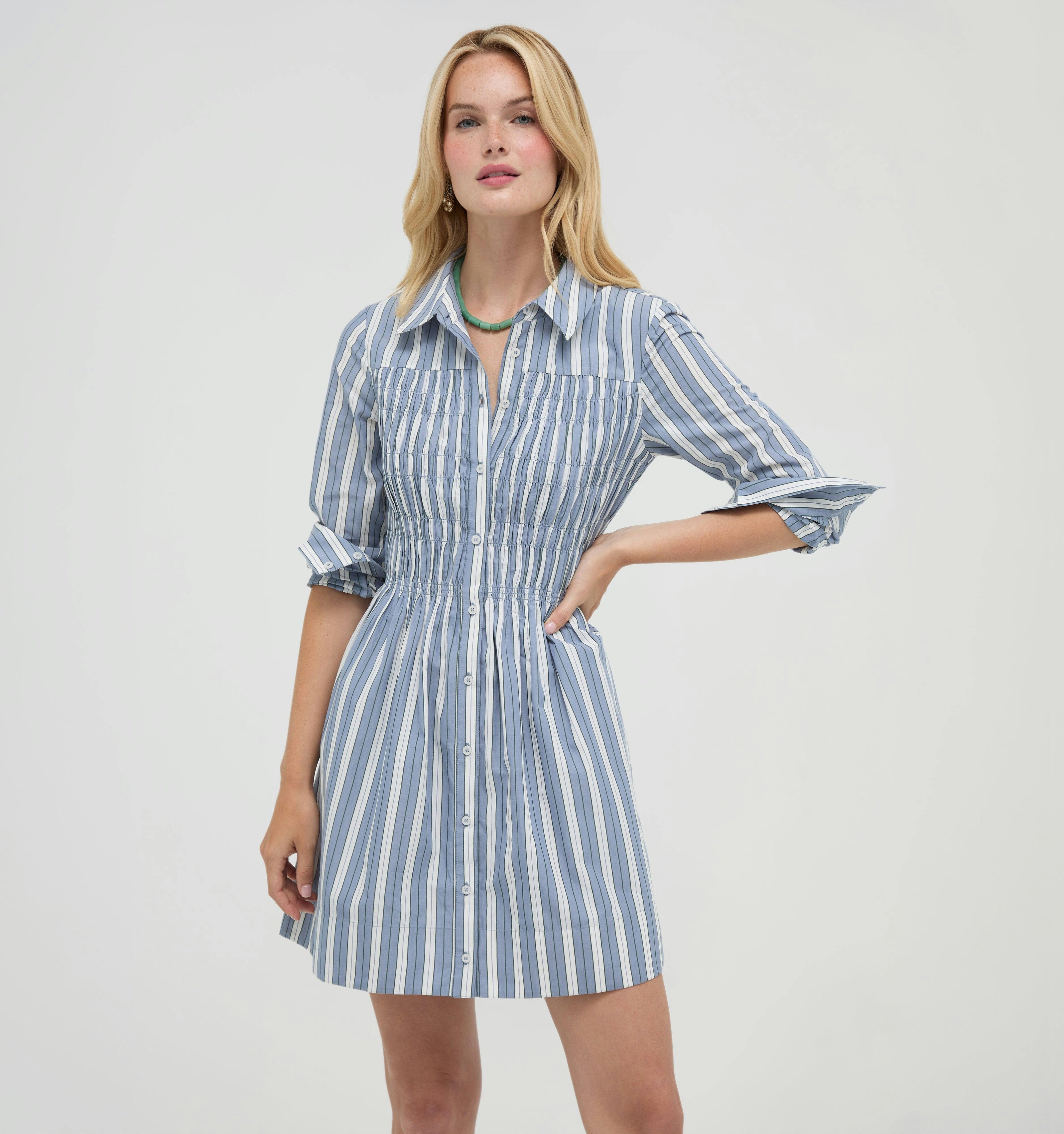 The Mira Dress -  Coln Ticking Stripe Dusty Blue