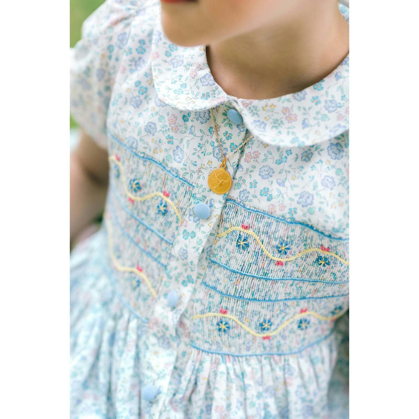 Violette Floral Blue Short Puff Smocked Dress