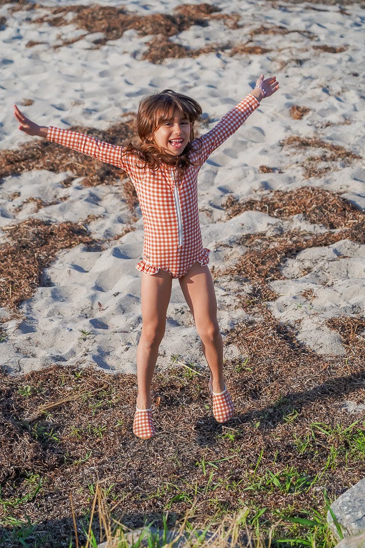 Long Sleeve Rashguard Ruffle Swimsuit | UPF + Recycled - Sienna Gingham