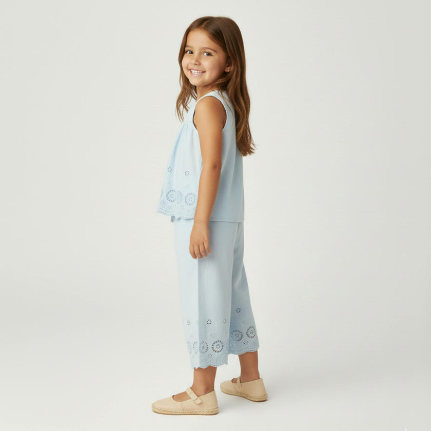 Organic Eyelet Top And Pant Set - Light Blue Eyelet