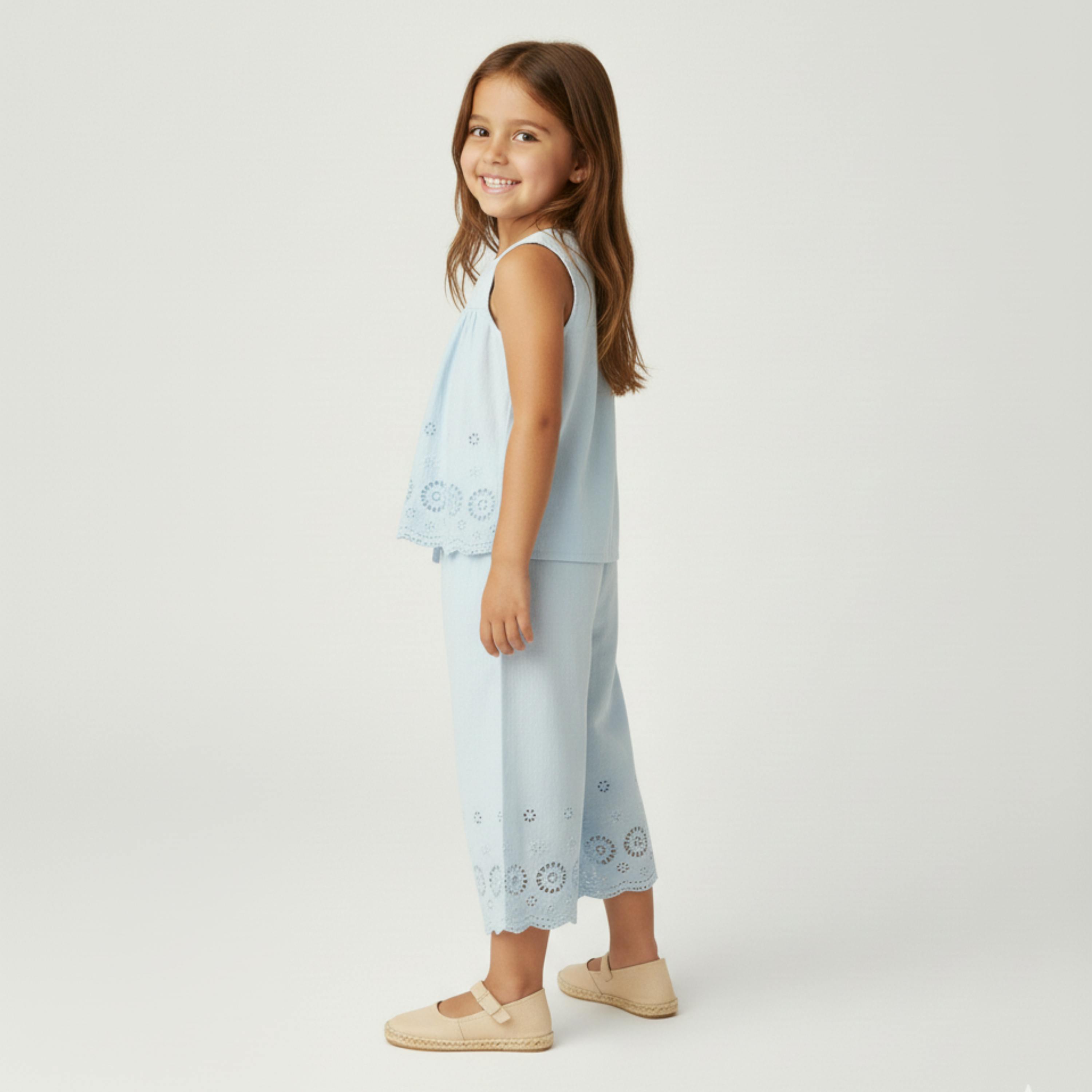 Organic Eyelet Top And Pant Set - Light Blue Eyelet