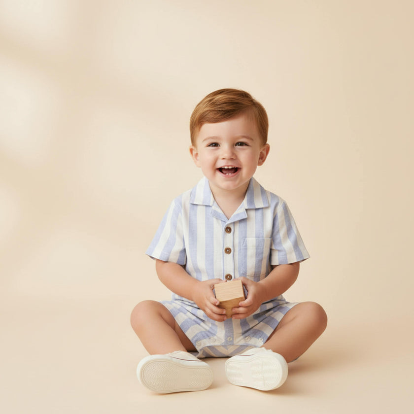 Organic Collared Romper - Blue Stripes