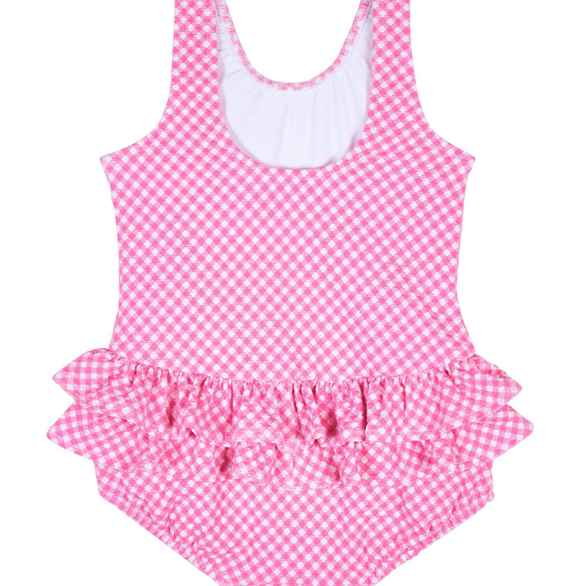 Gingham Swimsuit With Ruffles And Flower