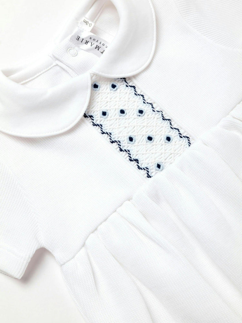 Oliver Hand Smocked Special Knit Bubble | White/Lt Blue
