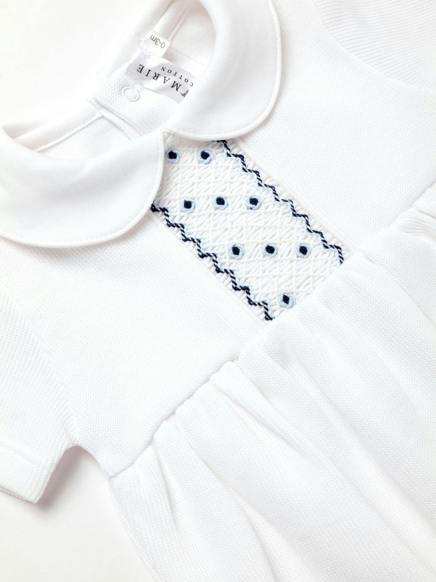 Oliver Hand Smocked Special Knit Bubble | White/Lt Blue