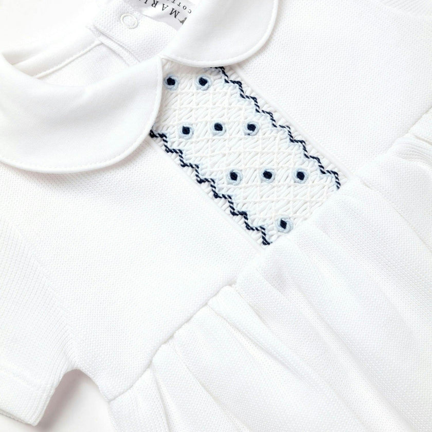 Oliver Hand Smocked Special Knit Bubble | White/Lt Blue