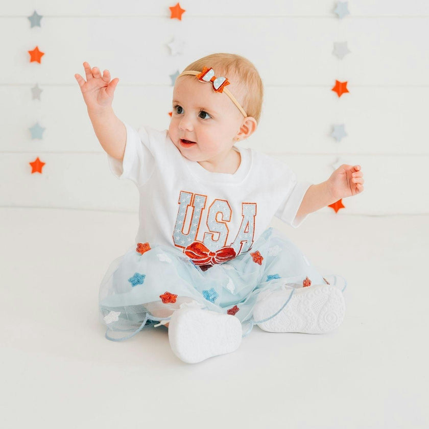 USA Stars & Bow Patch Short Sleeve Romper - White