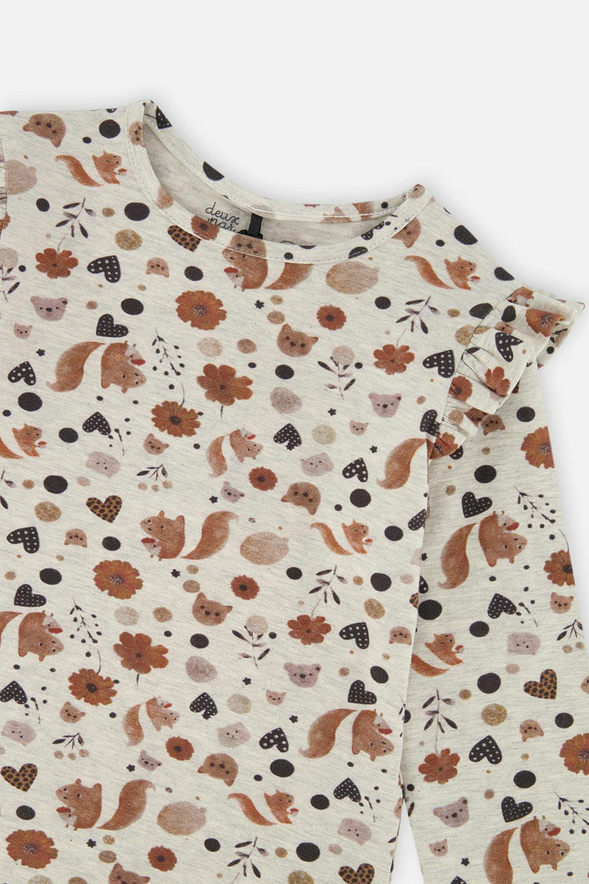 Long Sleeve Organic Cotton T-Shirt Beige With Squirrel Print