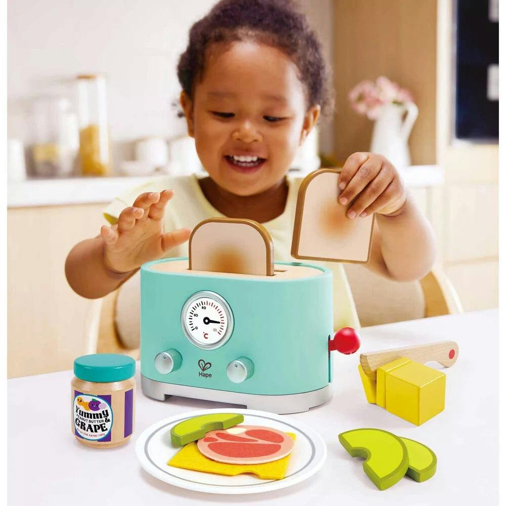 Hape: Ding & Pop-Up Toaster - 15pc Teal Wooden Food Playset