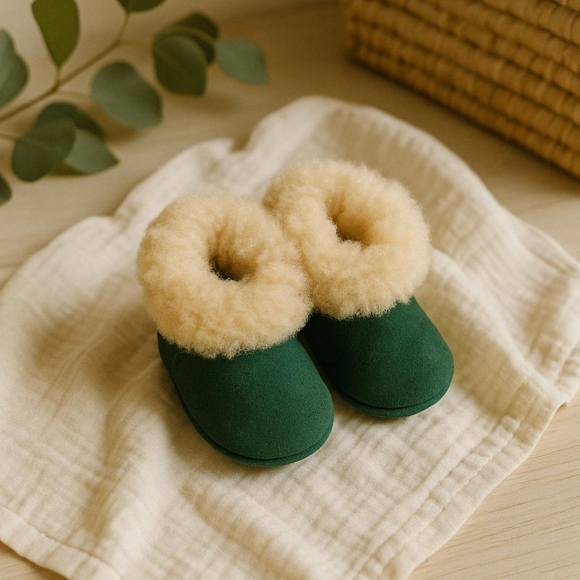 Alpaca Fur Baby and Kids Booties Slippers in Emerald Green