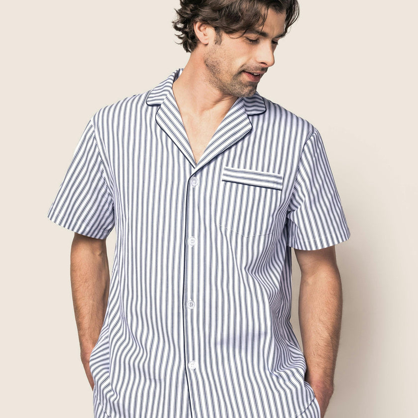 Men's Twill Pajama Short Set in Navy French Ticking