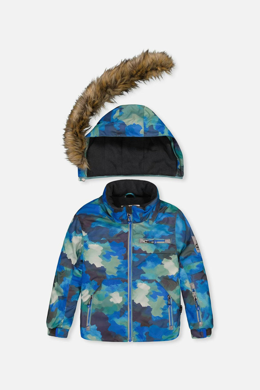 Two Piece Play Snowsuit Blue Camouflage Print With Green Pants