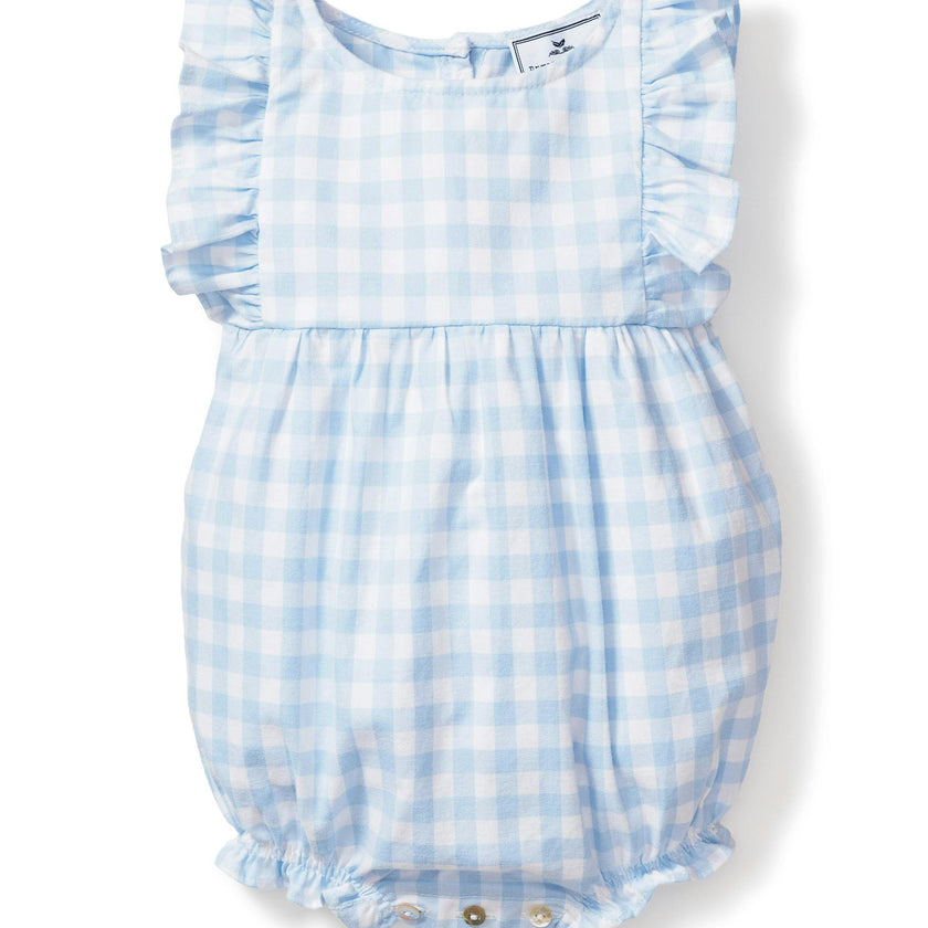 Baby's Twill Ruffled Romper in Light Blue Gingham
