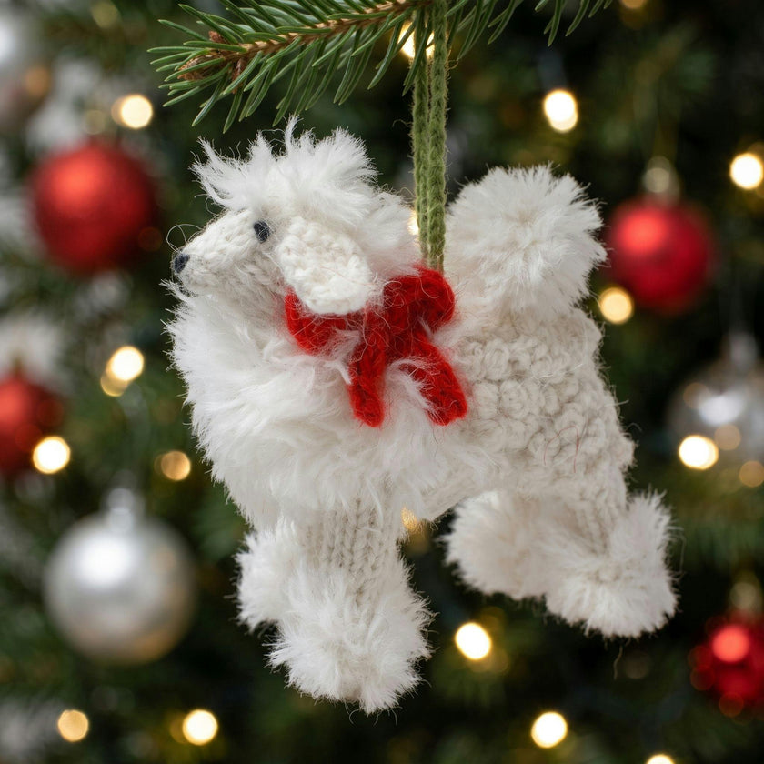 White Poodle Hand Knit Christmas Ornament