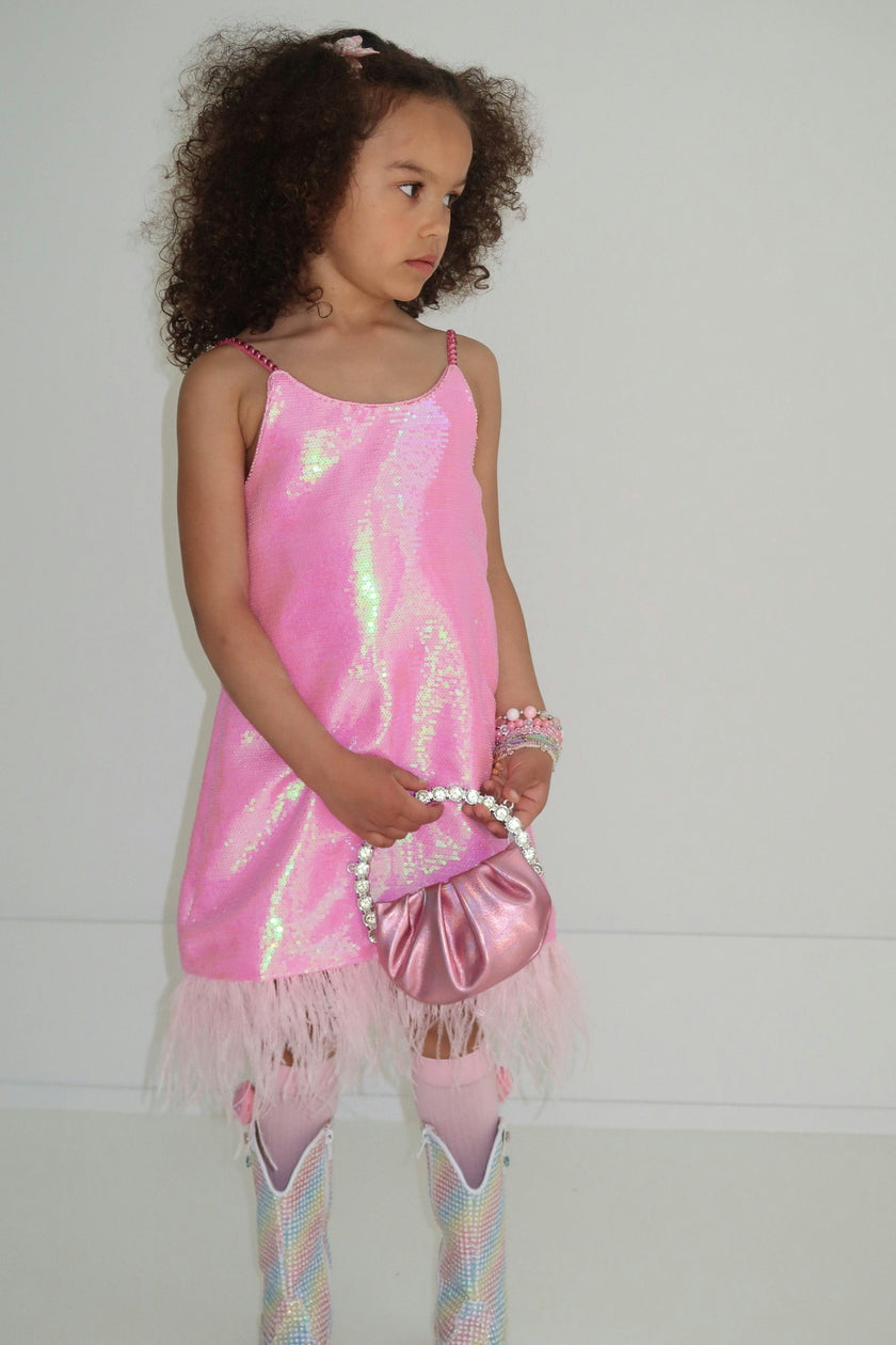 Crystal Feather Trim Sleeve Shimmer Sequin Dress