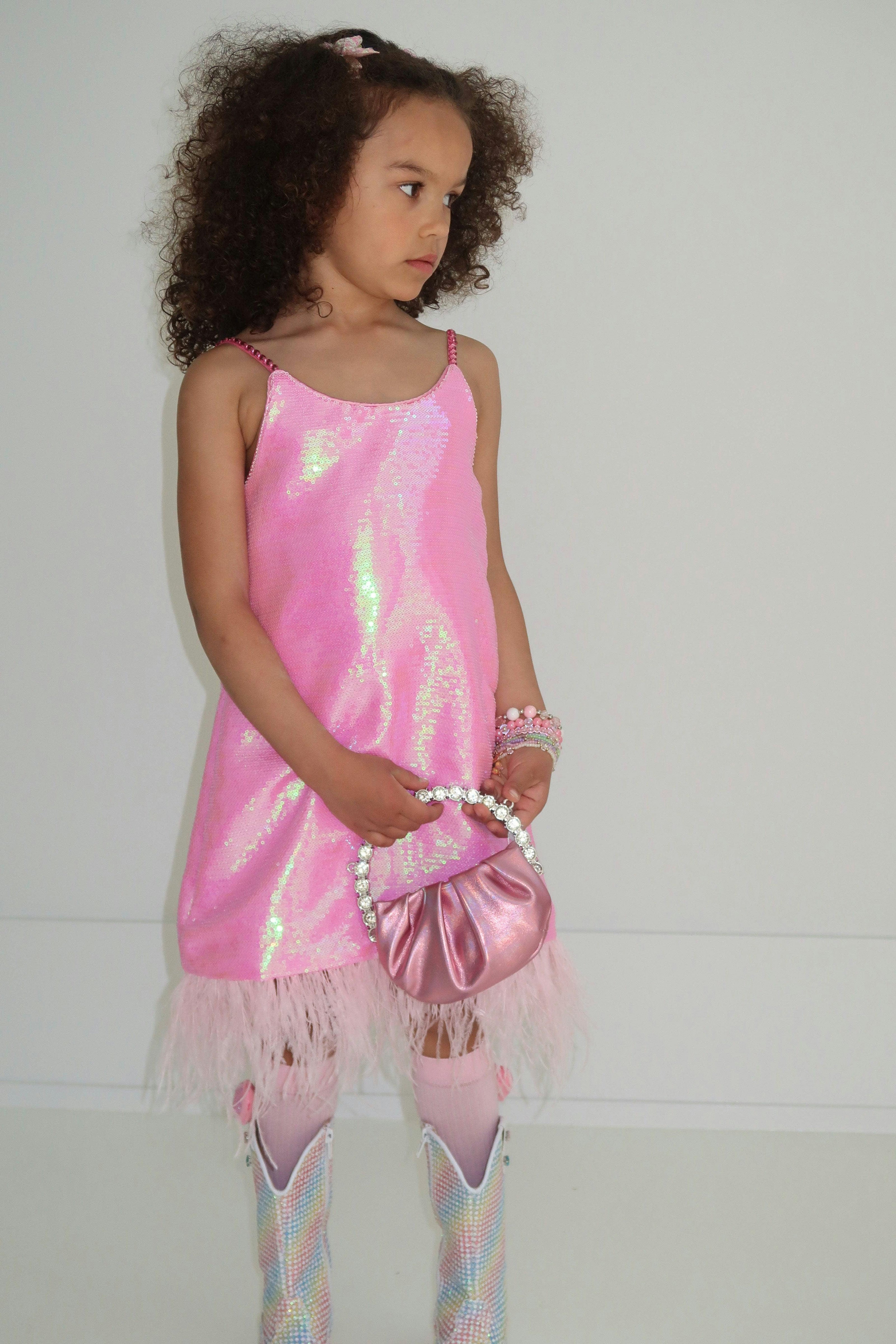 Crystal Feather Trim Sleeve Shimmer Sequin Dress