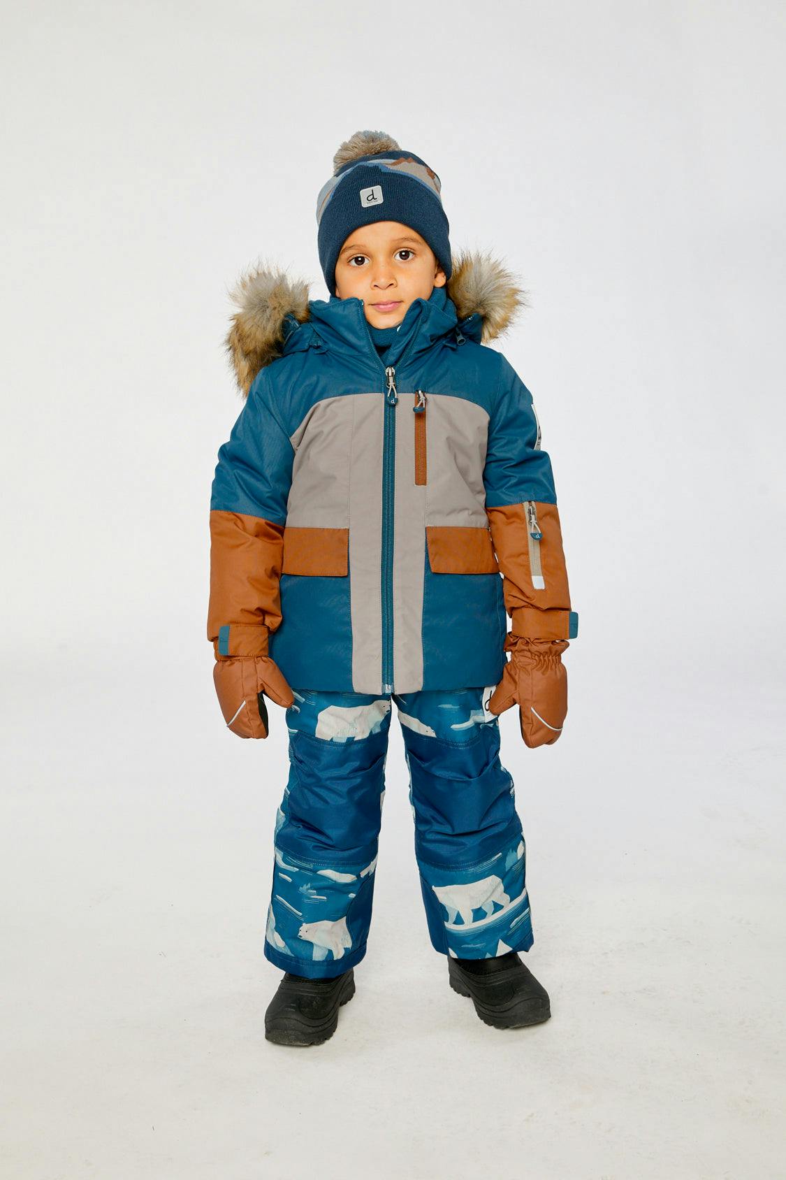 Two Piece Play Snowsuit Navy And Rust Colorblock With Blue Bear Print Pants