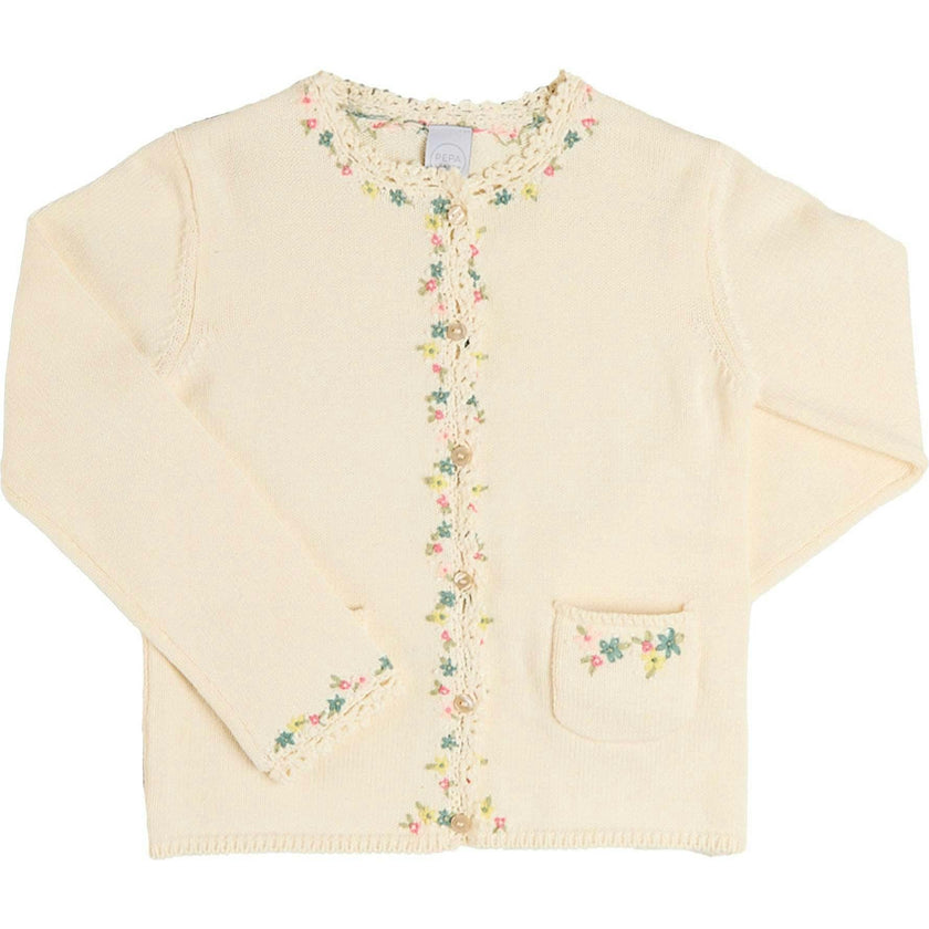 Wildflower Embroidered Openwork Detail Cotton Cardigan in Cream (18mths- 10yrs)