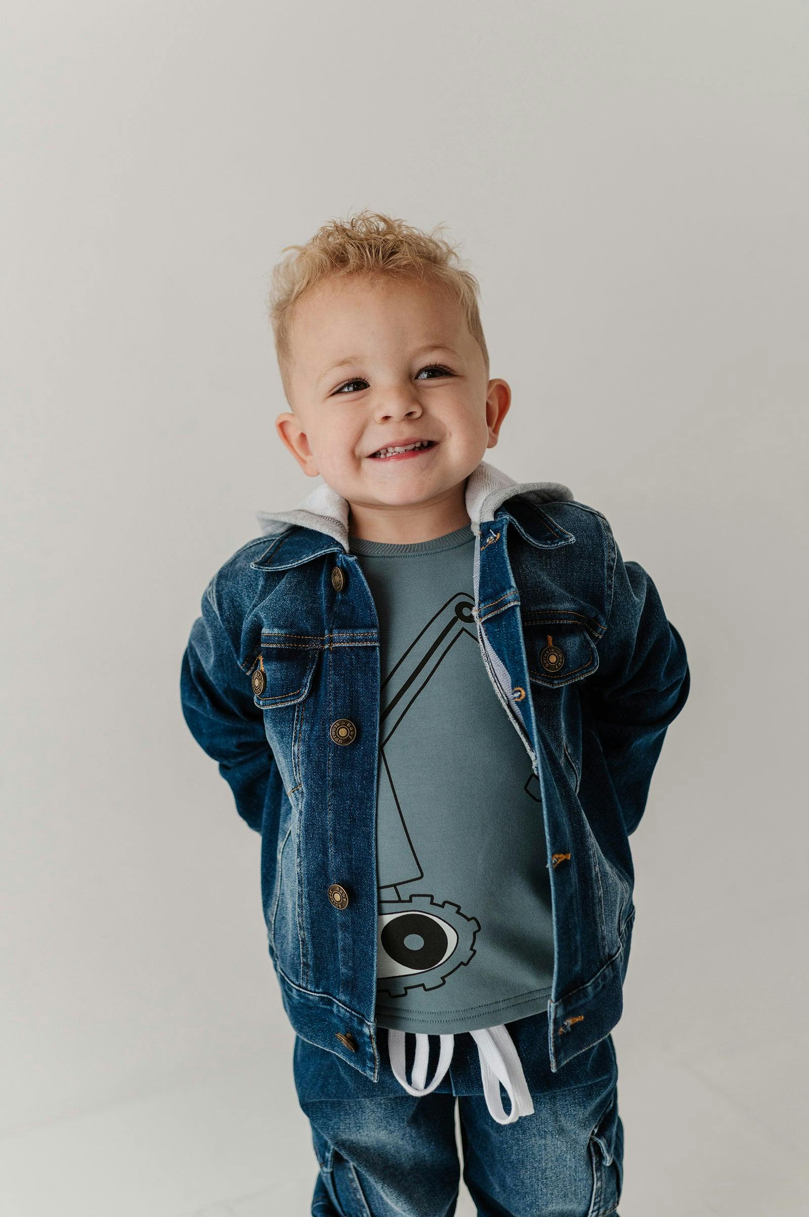 Boys Hooded Denim Jacket in Dark Blue Wash