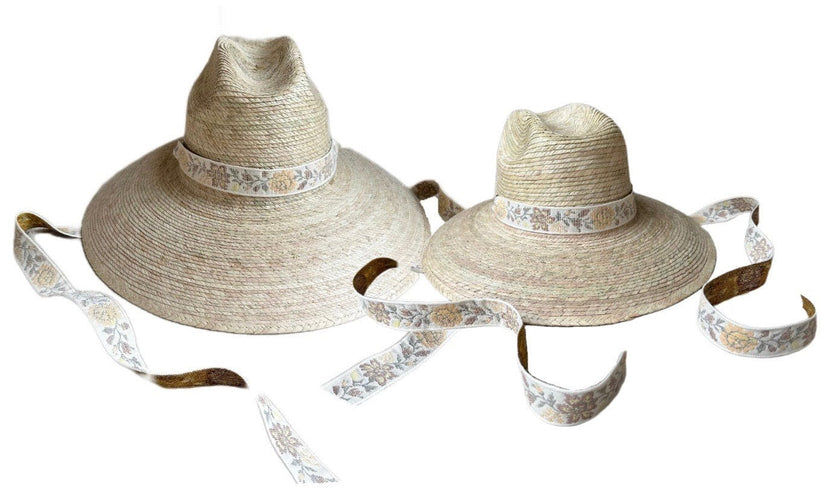 Mommy & Me Sun Hat Set - Hollyhock & Petunia - Long Sun-Dried Dahlia Ribbon