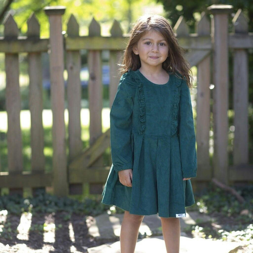 Long Sleeve Ruffle Dress in Green Corduroy