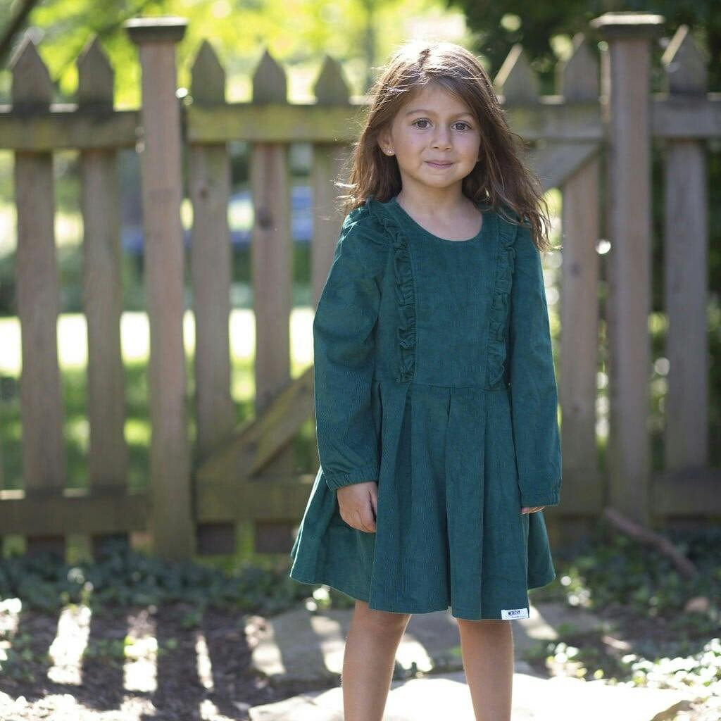 Long Sleeve Ruffle Dress in Green Corduroy