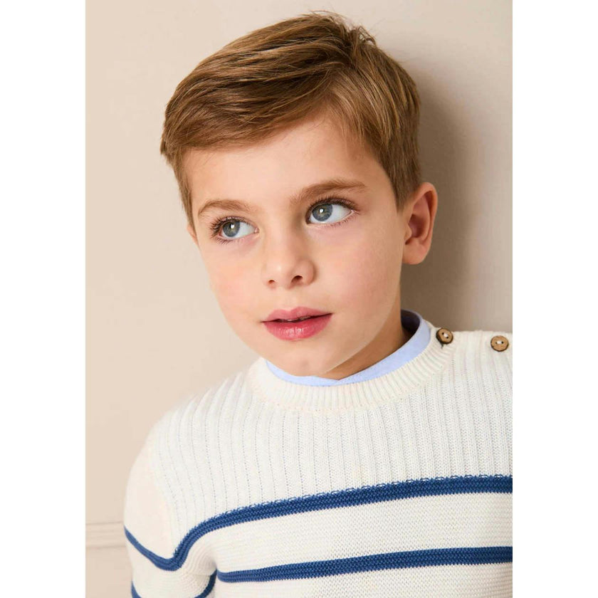 Striped Crewneck Ribbed Detail Blue & White Striped Jumper in Navy (12mths- 10yrs)