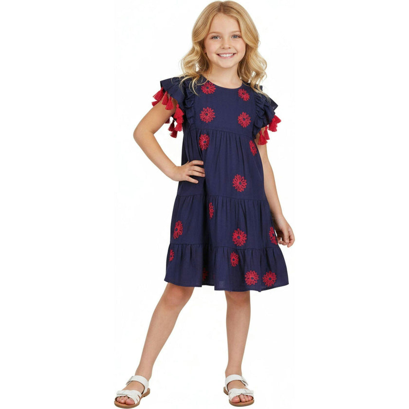 Sophie Girls Tassel Dress Navy Embroidery, Pink