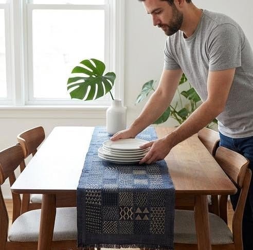 Artisan Hand Loomed Cotton Table Runner - Indigo Blocks - 18