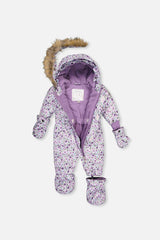 Baby Original One Piece Puffy Snowsuit With Removable Mittens And Boots Purple Printed Mini Flowers