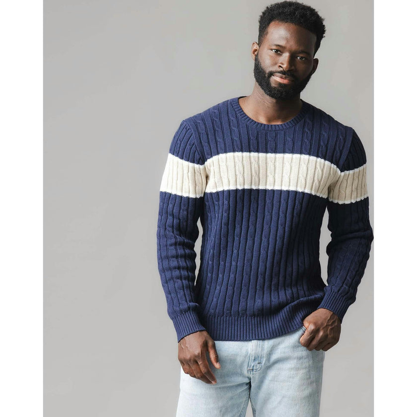 Organic Crew Neck Cable Sweater, Blue