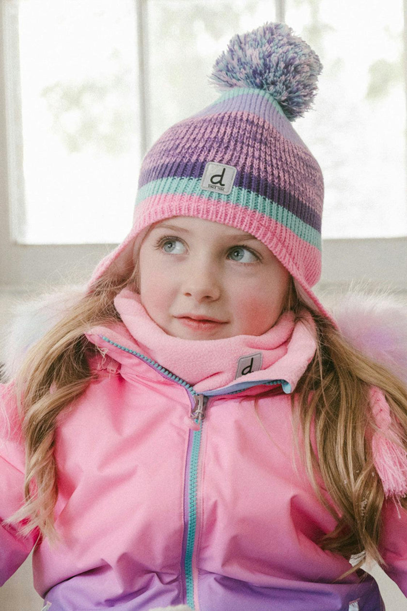 Winter Peruvian Knit Hat with Pompom Mauve and Blue Jacquard
